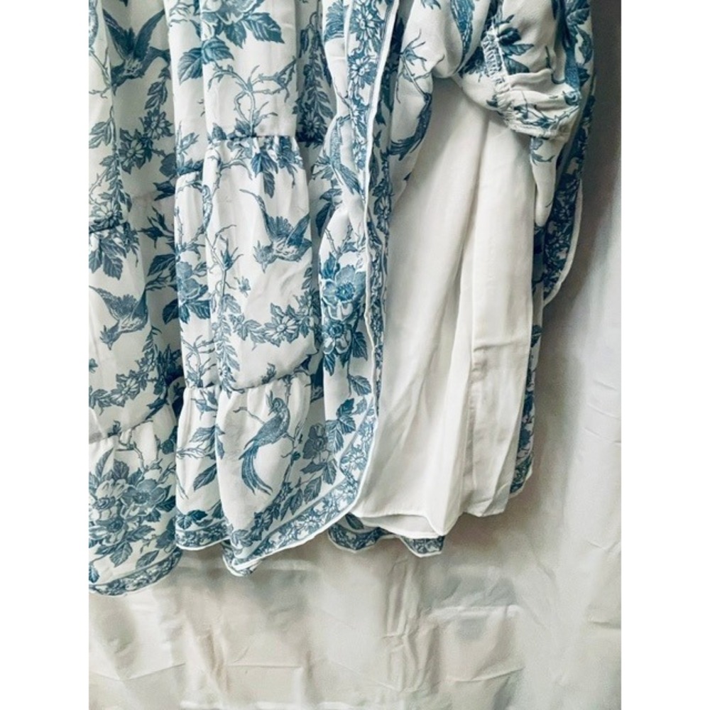 Max Studio Blue Toile de Jouy Bird Floral Smocked Tiered Ruffle Dress Sz S/M - Picture 6 of 10